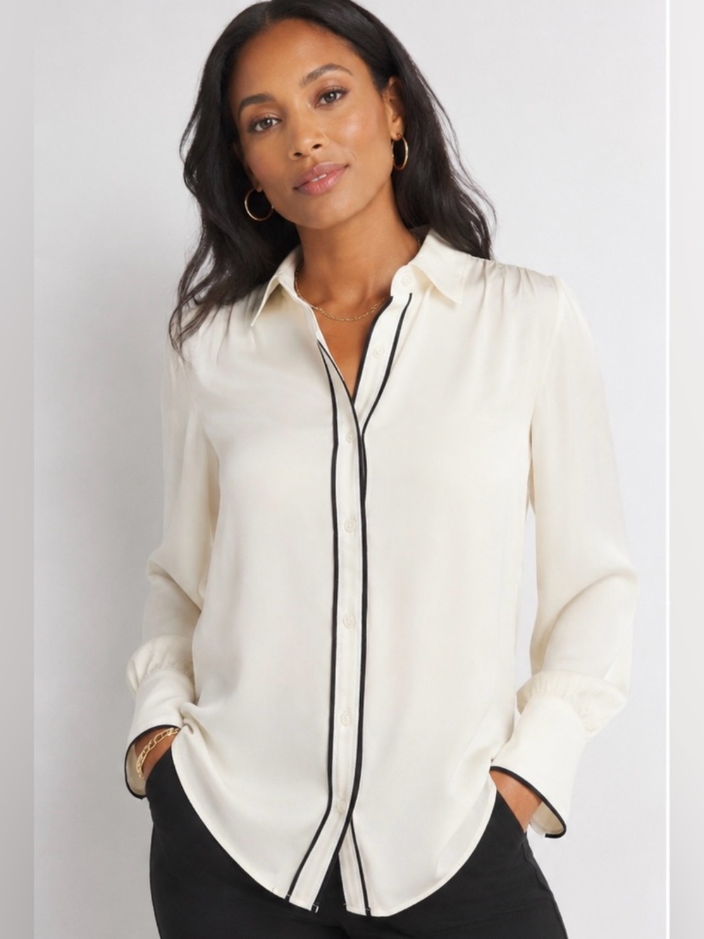 WHBM Ivory Black Piping Button Down Blouse Top Medium NWT